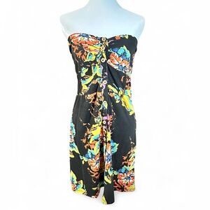 Volcom Black Strapless Floral Button-Front Dress with Bright Print